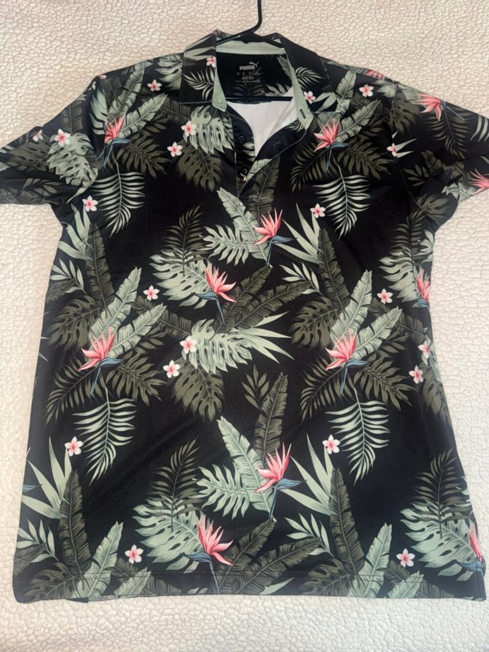 Puma Men's Medium Black Green Pink Tropical Floral Golf Polo Like New